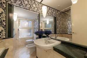 Shower, jetted bath, hair dryer, bidet