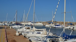 Un puerto deportivo con numerosos veleros amarrados.