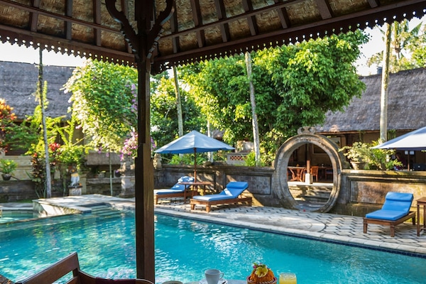 Outdoor pool, pool umbrellas, sun loungers