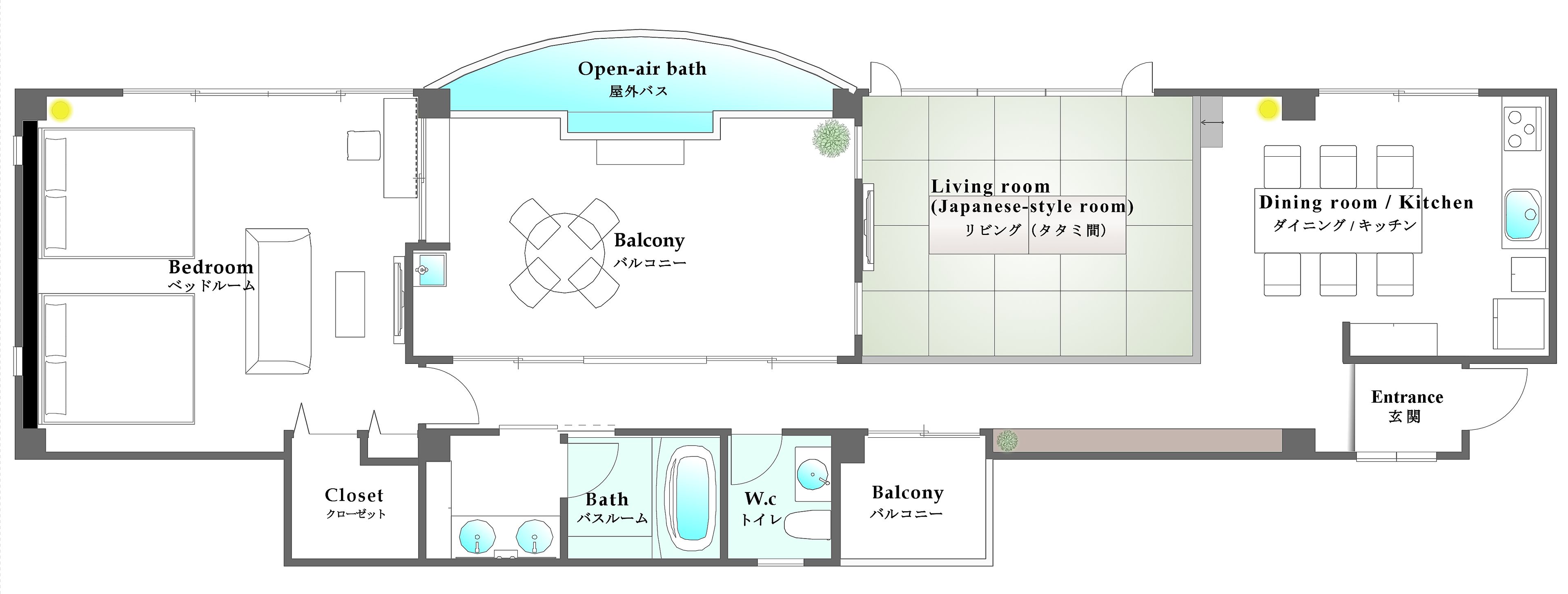 A floor plan of a Japanese-style hotel with a bedroom, balcony, living room, dining room/kitchen, entrance, bathroom, and closet.