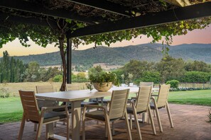 An outdoor patio with a table and chairs, a potted plant, and a view of a hilly landscape.