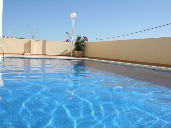 A clear swimming pool with a tiled edge, a white lamp post, and a potted plant with pink flowers.