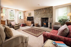 Smart TV, fireplace, DVD player, books