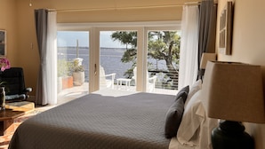 A bedroom with a large bed, a ceiling fan, a desk with a chair, a potted plant, and a view of the sea through a glass door.