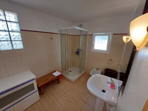 Shower, towels, toilet paper