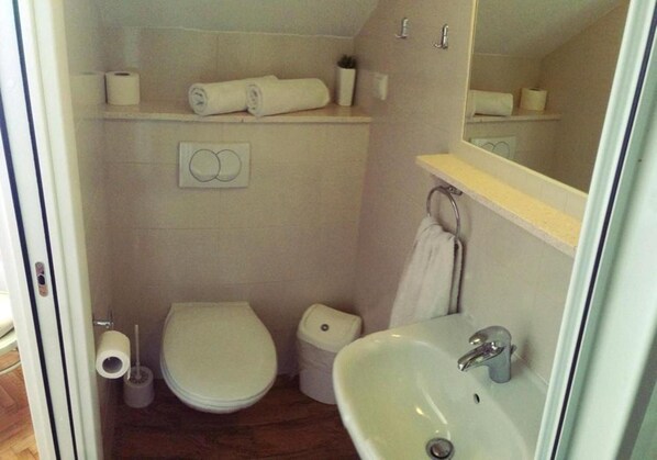 Un baño pequeño con inodoro, lavamanos y espejo.