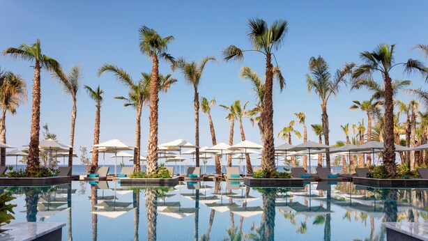 A pool area with palm trees, lounge chairs, and umbrellas. - Amavi, MadeForTwo Hotels - Paphos (Paphos)