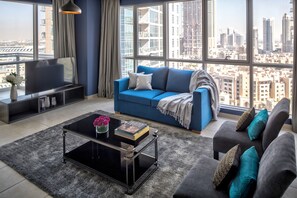 Design Apartment, 2 Bedrooms, City View, Overwater | Living area | Flat-screen TV, pay films - Luxury Staycation - The Residences Tower (Dubai)