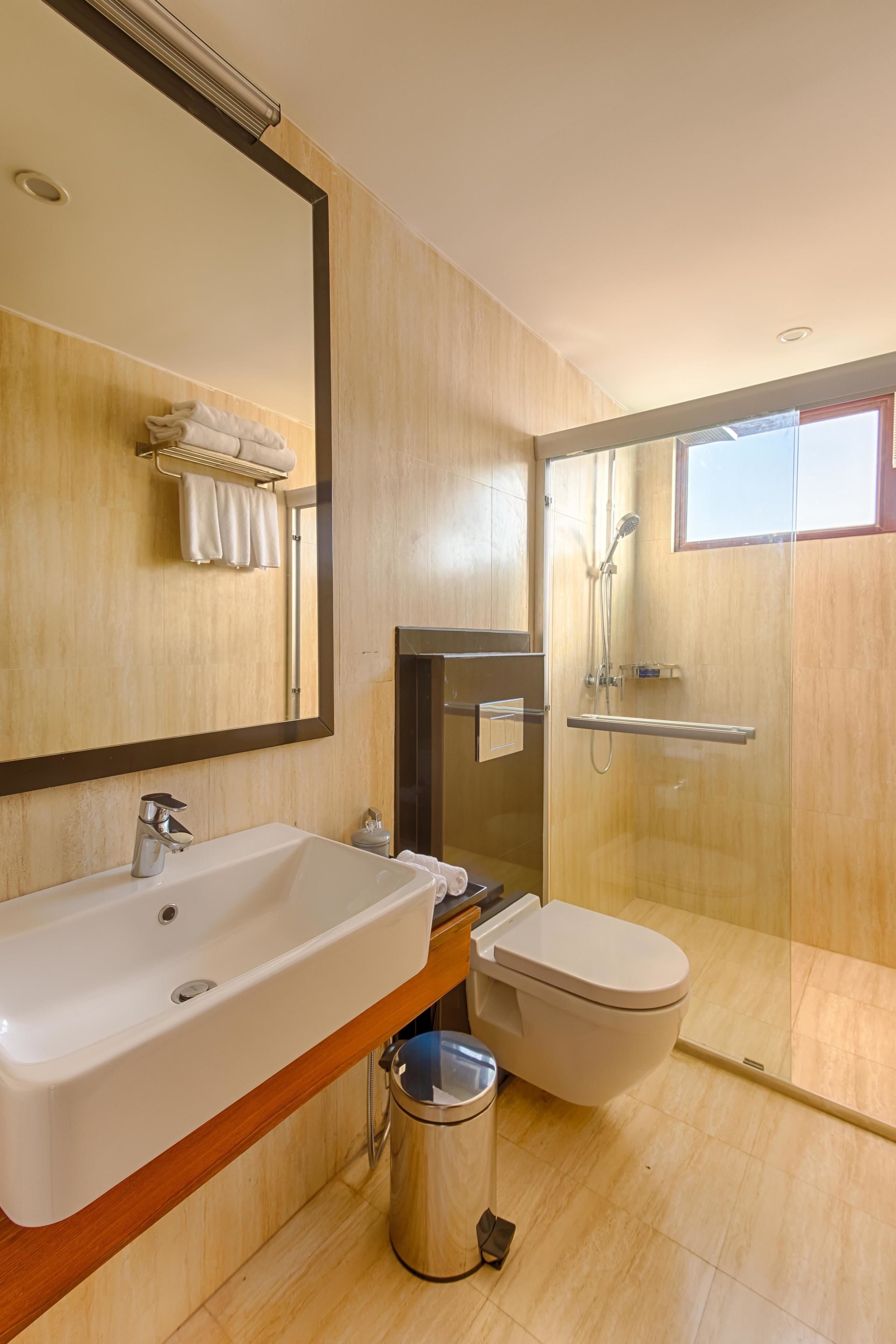 rainfall showerhead, free toiletries, hair dryer, bathrobes