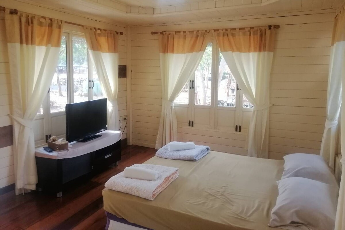 A bedroom with a bed, a TV on a stand, and curtains.