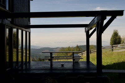 Architect's house Karersee, view of rose garden, Latemar and western Alps
