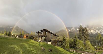 Architect's house Karersee, view of rose garden, Latemar and western Alps