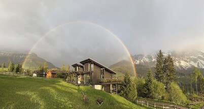 Architect's house Karersee, view of rose garden, Latemar and western Alps