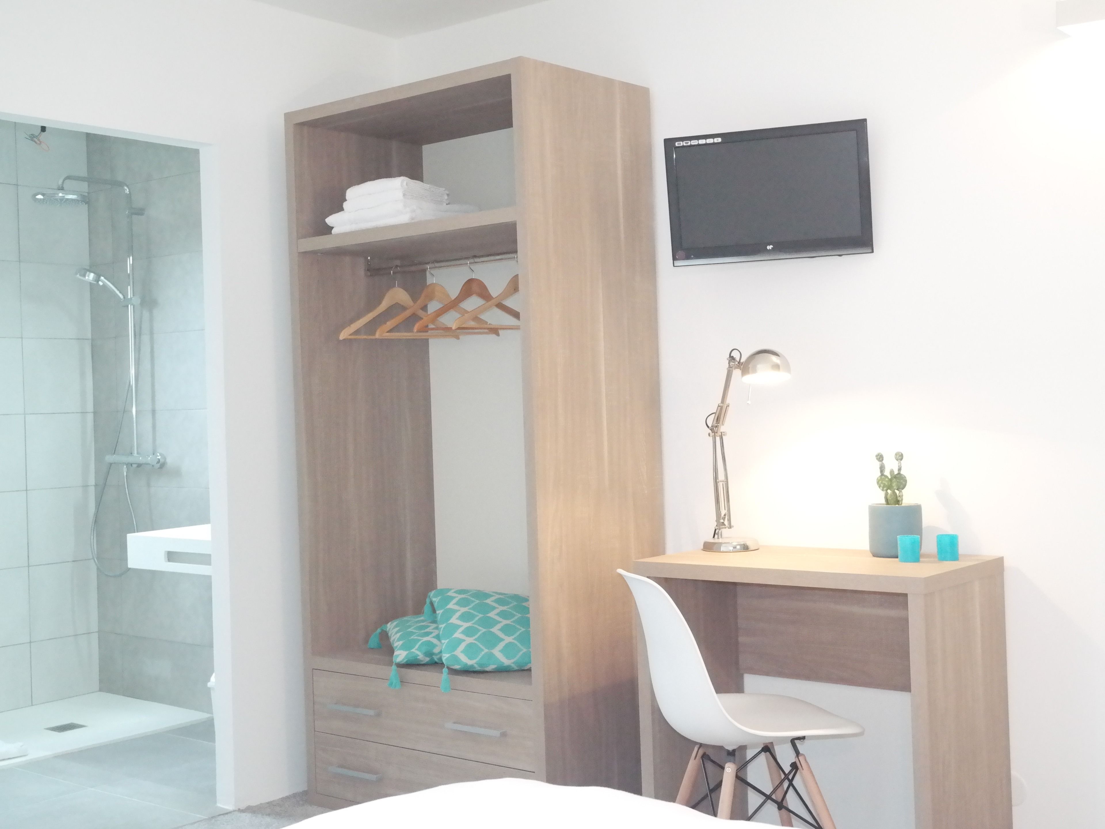 A modern bathroom with a shower, a wooden wardrobe with hanging clothes, a desk with a chair, and a flat-screen TV.