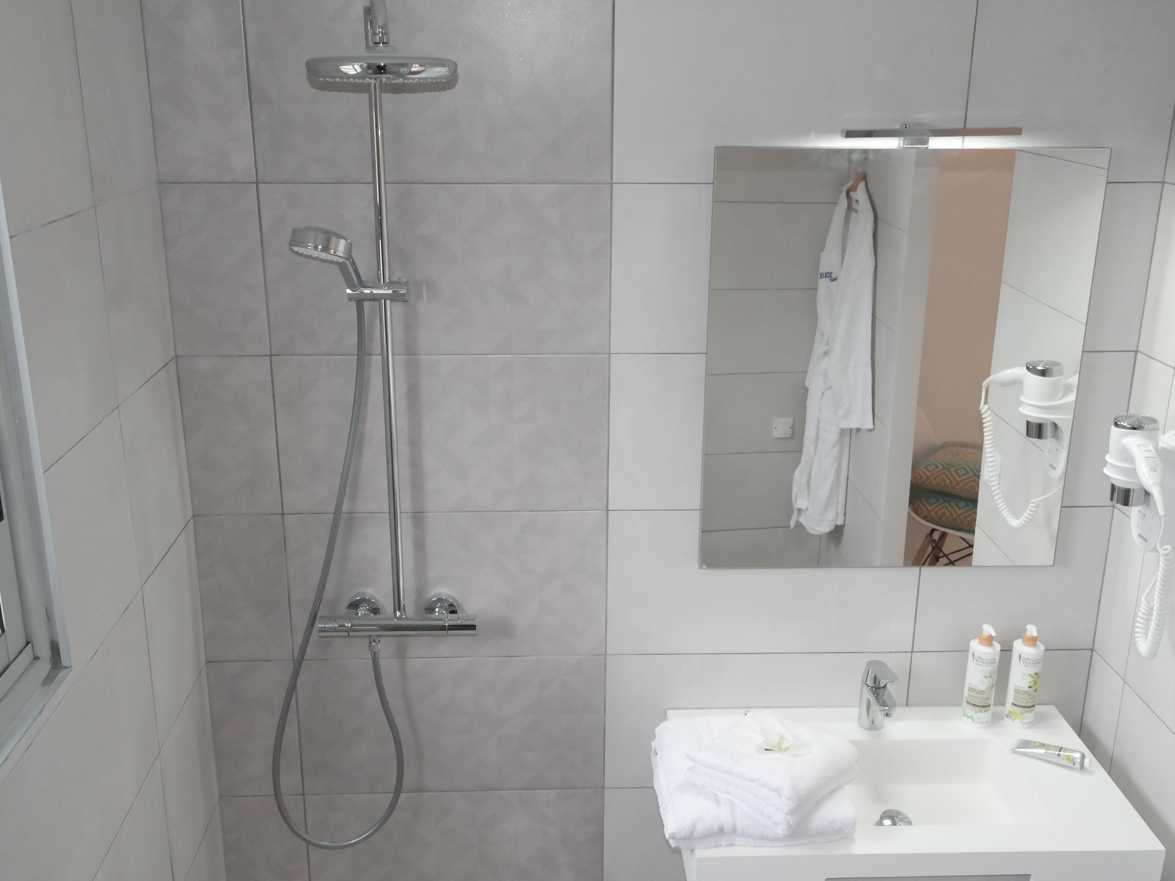 A modern bathroom with a shower, a sink, and a mirror.
