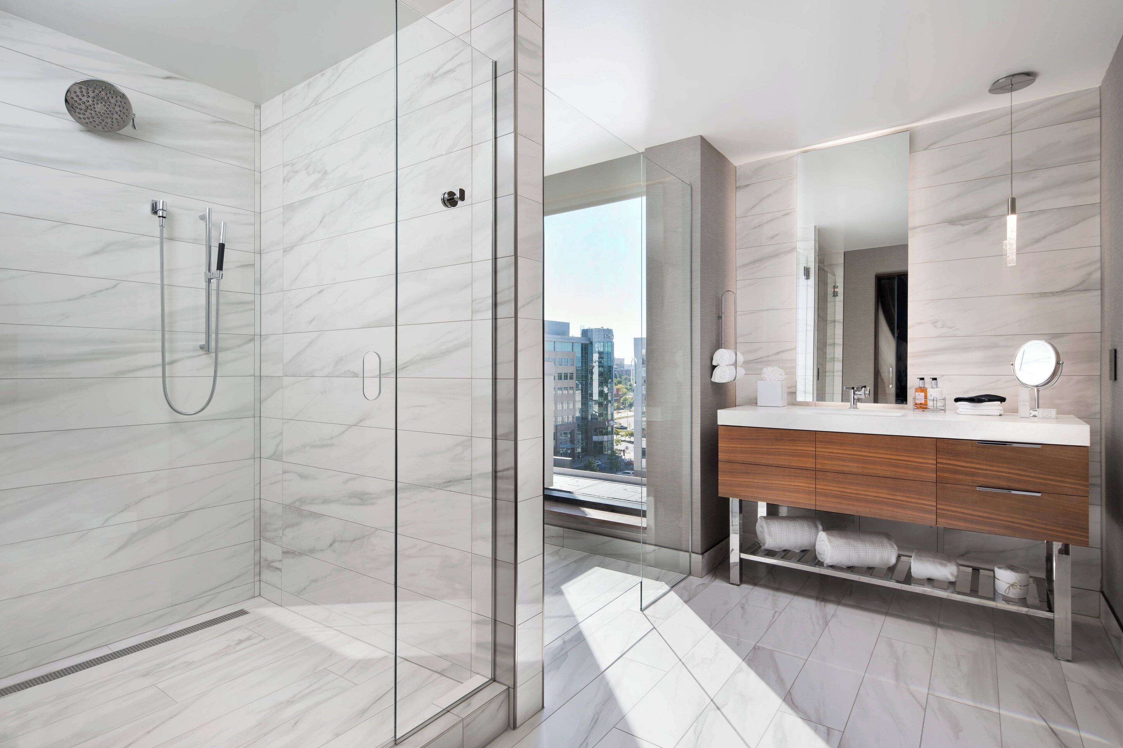 shower, rainfall showerhead, designer toiletries, hair dryer