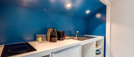 Réfrigérateur, micro-ondes, plaque de cuisson, cafetière/bouilloire