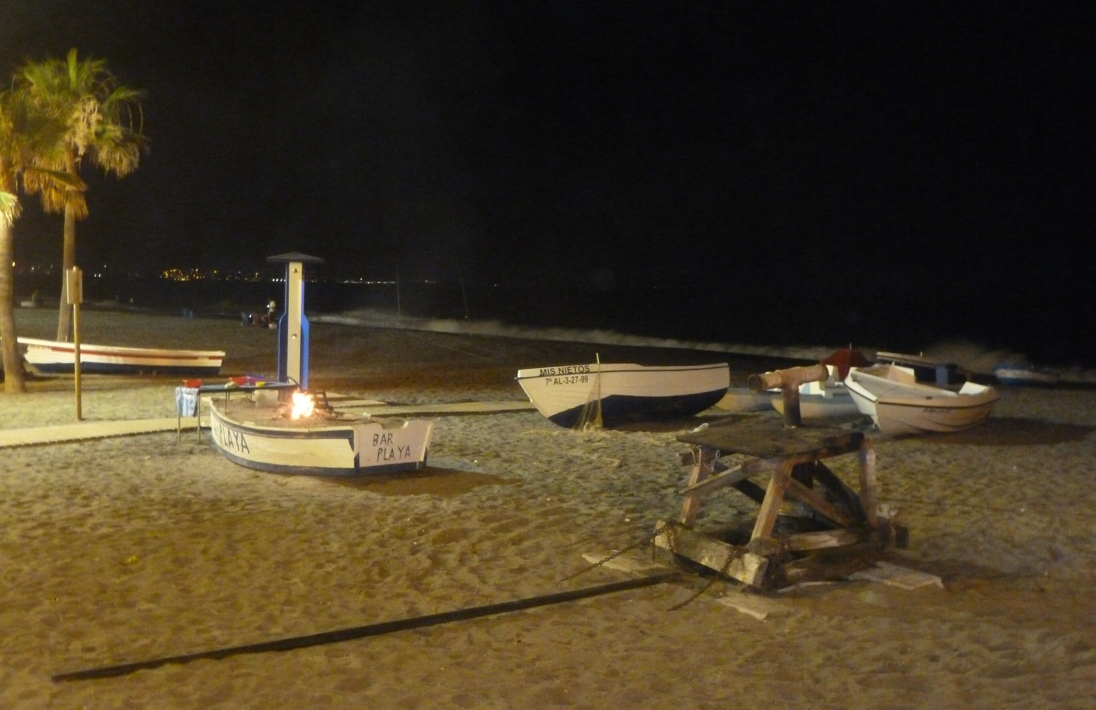 A beach with several boats, a fire pit, and a palm tree.