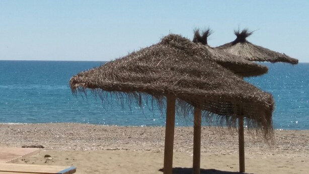 Een strand met rieten parasols en een helder uitzicht op zee.