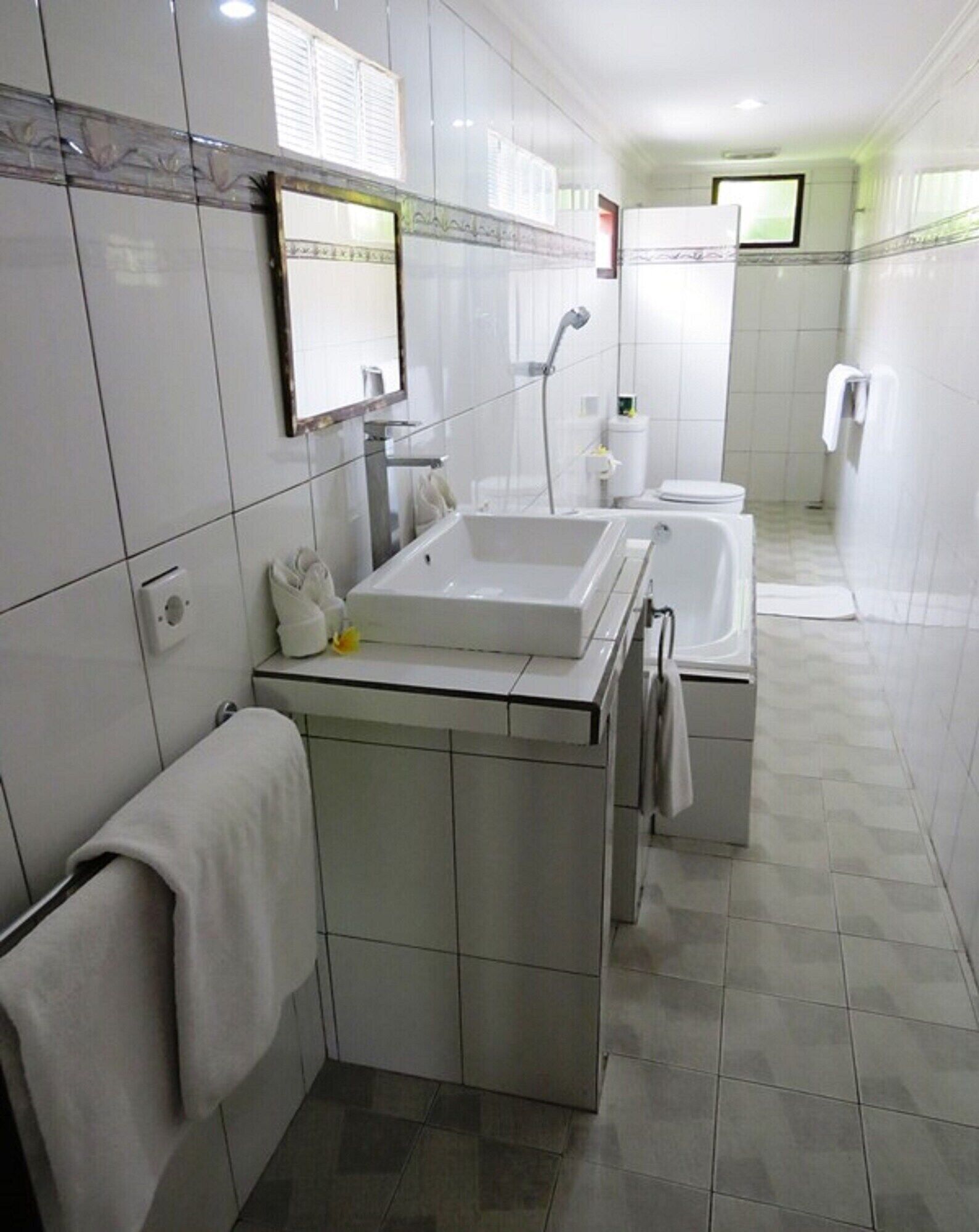 A modern bathroom with a large sink, a mirror, a toilet, and a shower area.
