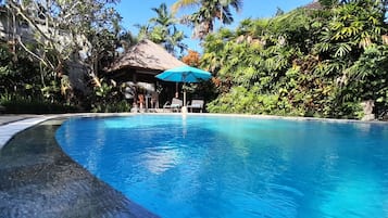 Una piscina al aire libre, sombrillas, sillones reclinables de piscina