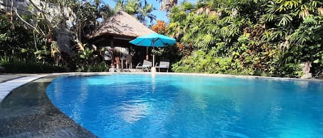 Piscine extérieure, parasols de plage, chaises longues