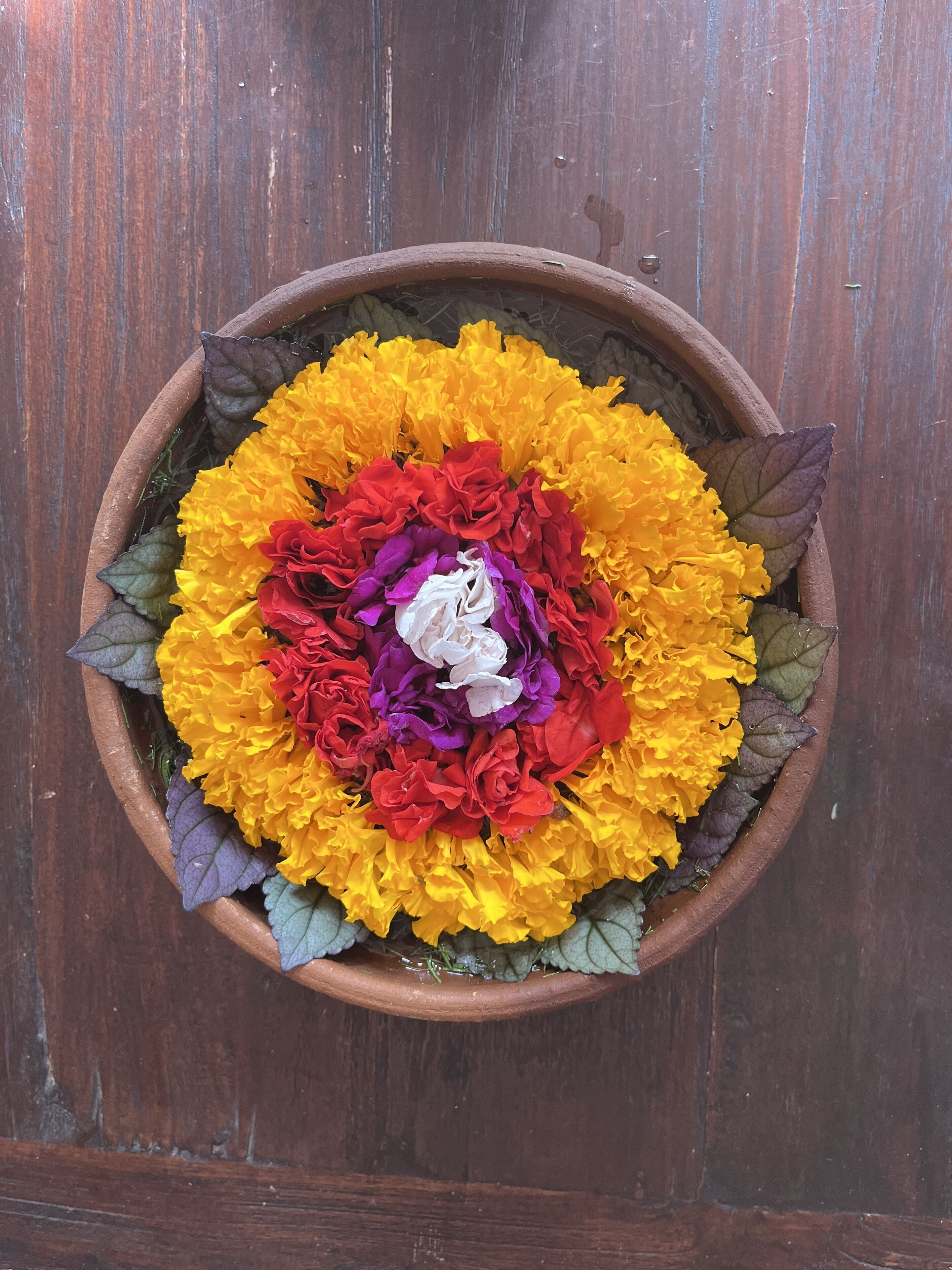 Un cuenco de terracota lleno de flores y hojas de caléndula, sobre una superficie de madera.