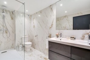 Shower, hair dryer, towels