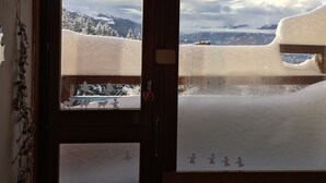 En trädörr med utsikt över ett snötäckt berglandskap.