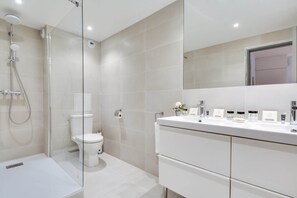 Shower, hair dryer, towels