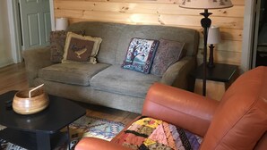 En hyggelig stue med en trævæg, en sofa, et sofabord, en gulvlampe og en farverig måtte.