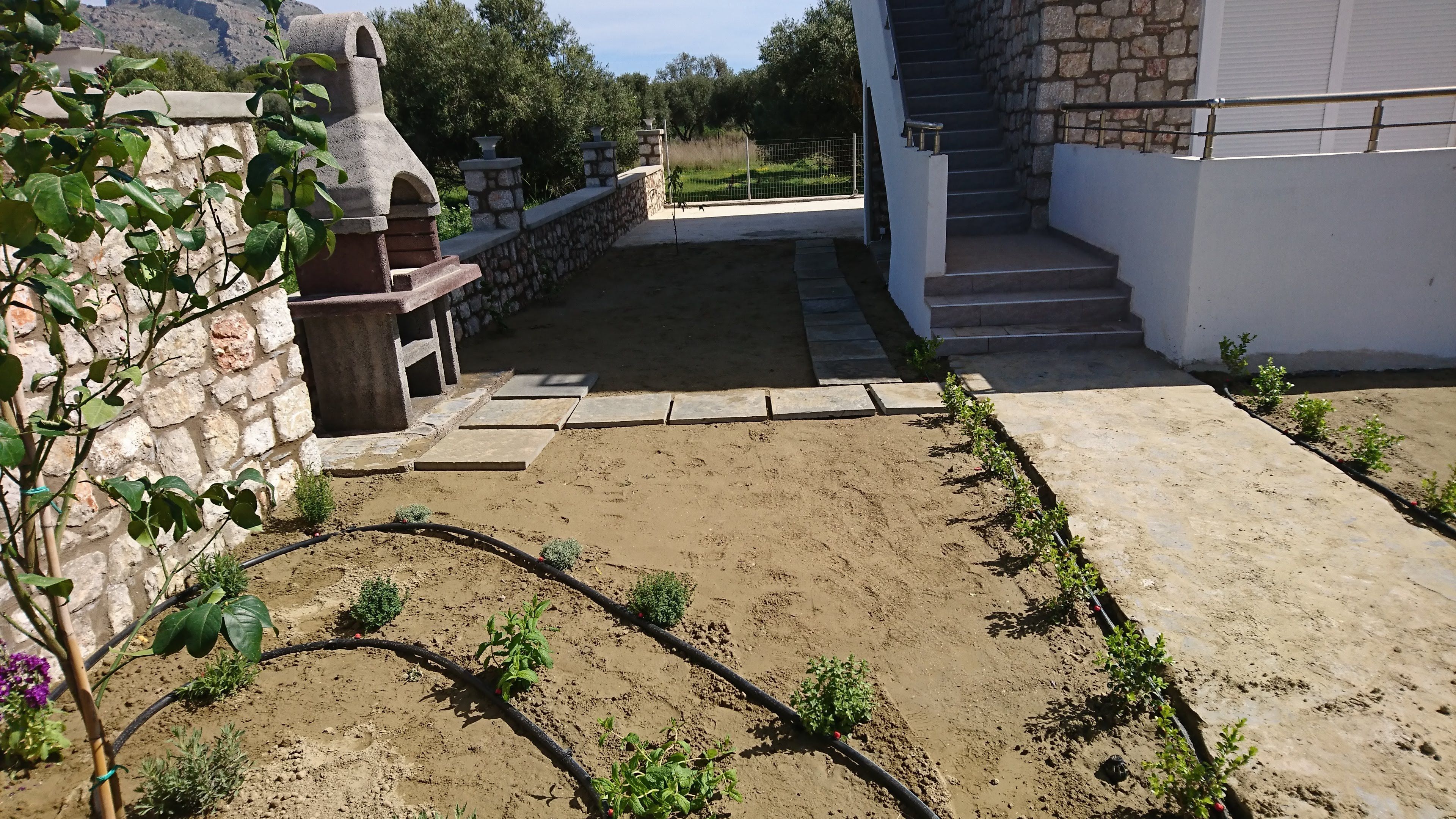 A garden area with a stone wall, a small brick structure, and a paved walkway leading to a staircase.