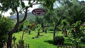 A garden with a wooden fence, trees, and a sign that reads "Giardino Mediterraneo".