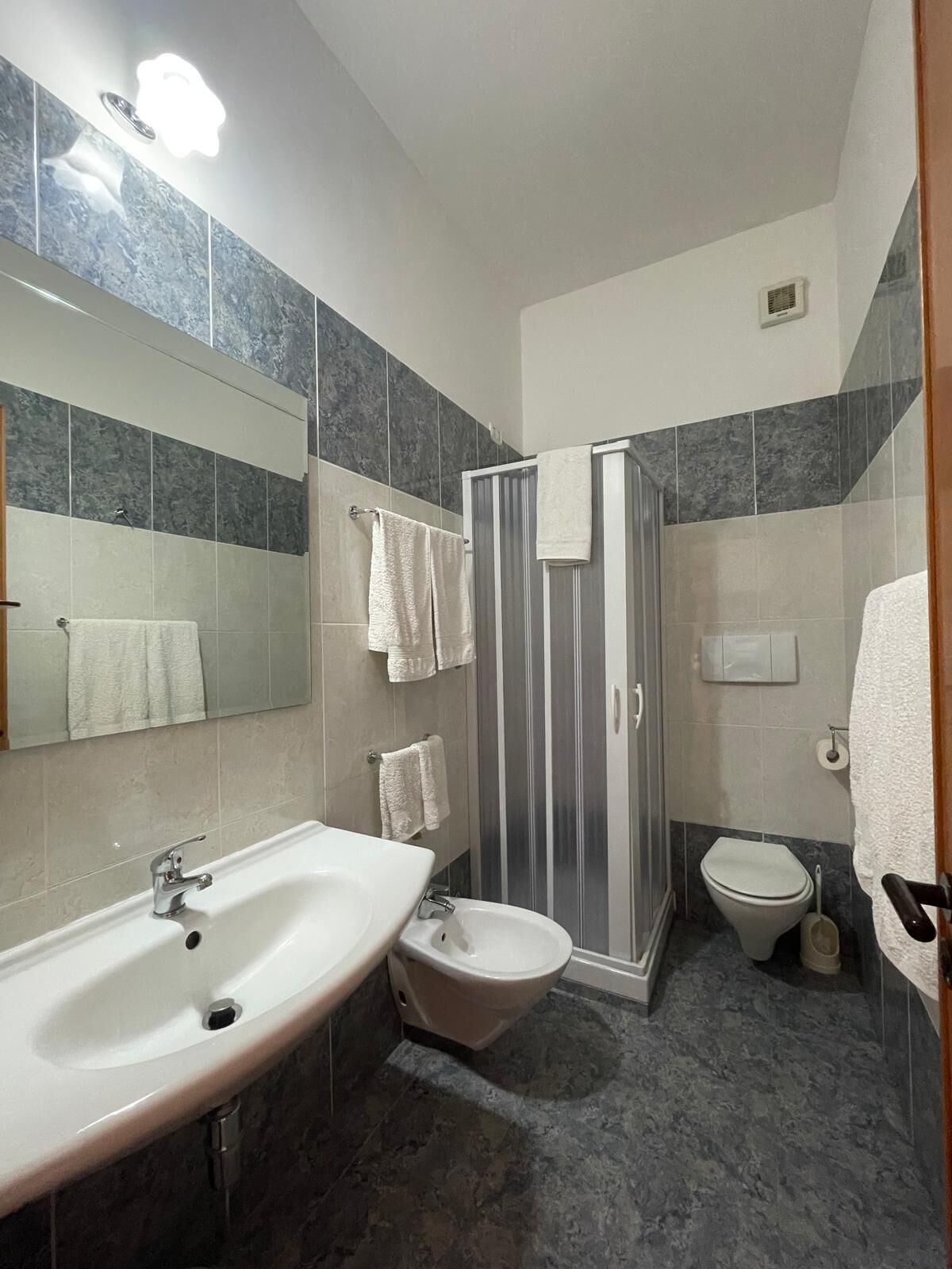A modern bathroom with a large sink, a bidet, a toilet, and a glass-enclosed shower.
