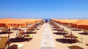 A beach with rows of sun loungers and umbrellas, a clear sky, and a sandy walkway.