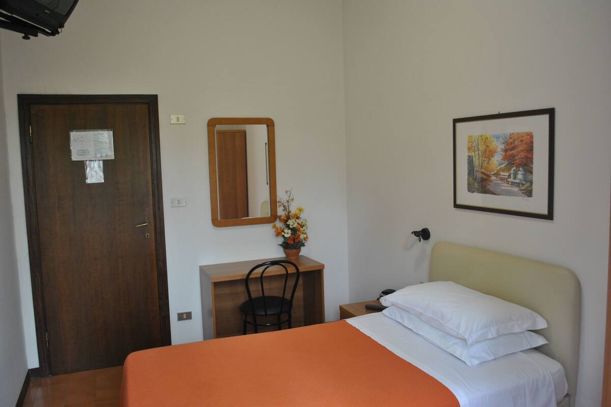 A bedroom with a bed, a desk, a chair, a mirror, a door, and a framed picture on the wall.