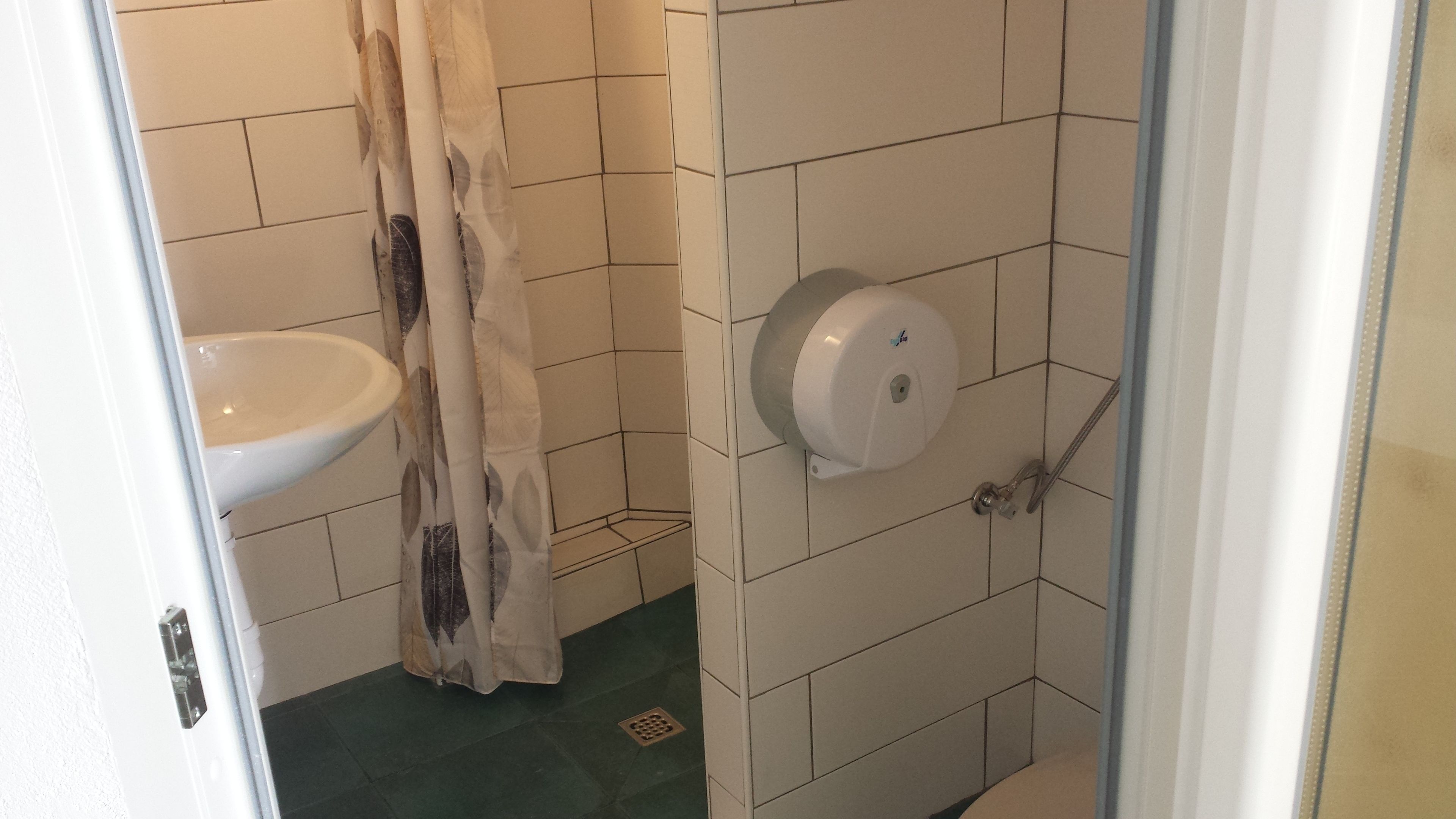 A bathroom with a white sink, a shower with a glass door, and a toilet paper dispenser.