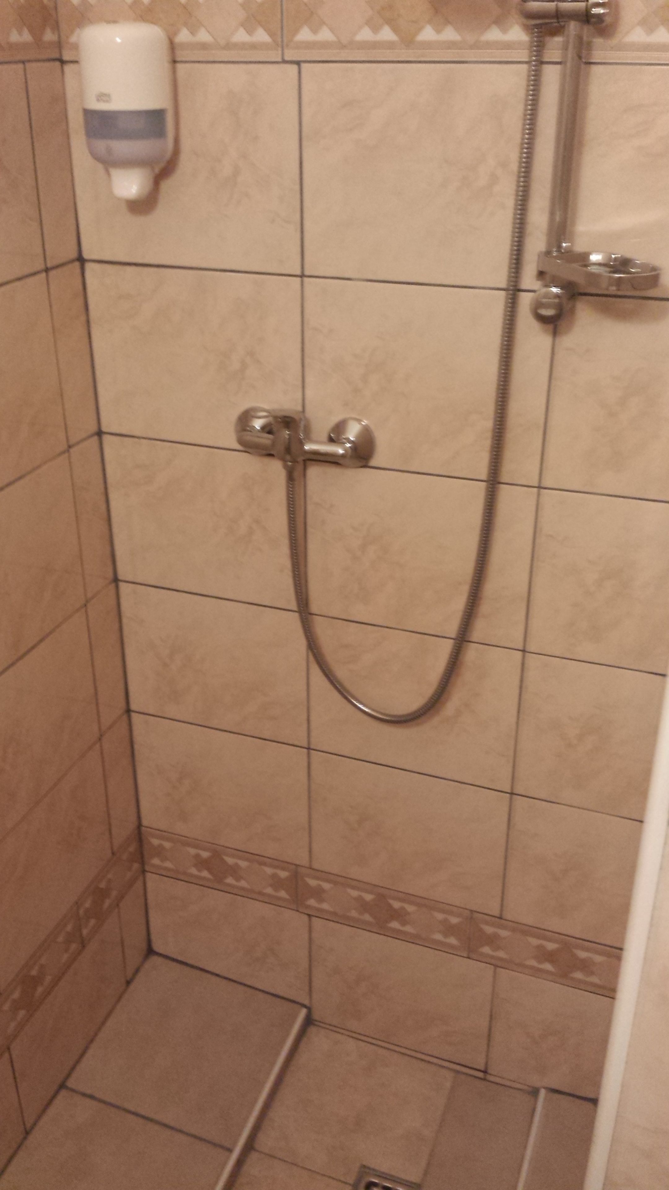 Une douche équipée d’un pommeau de douche à main et d’un robinet fixé au mur.