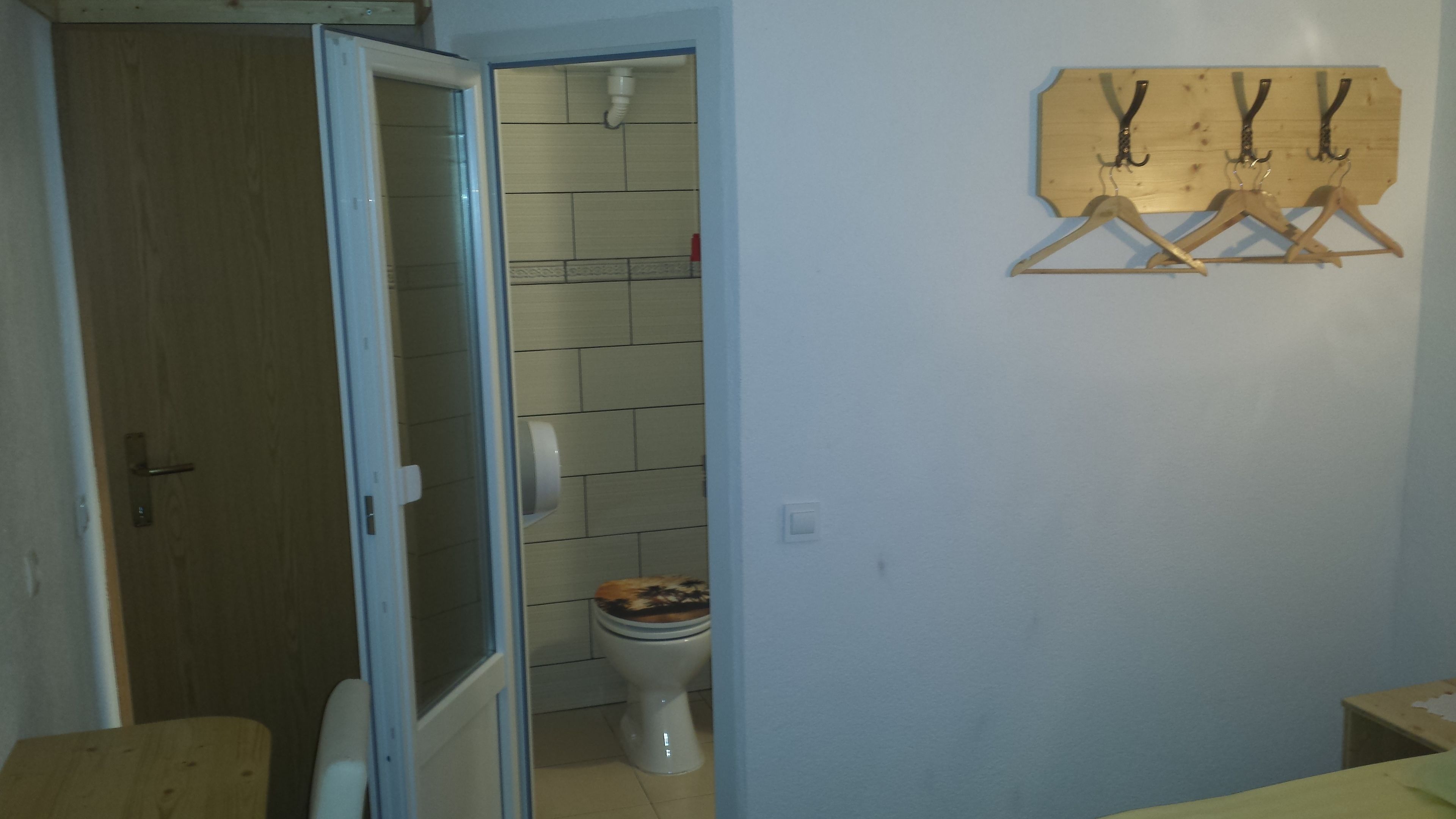 Un baño con inodoro, puerta de madera y perchero en la pared.