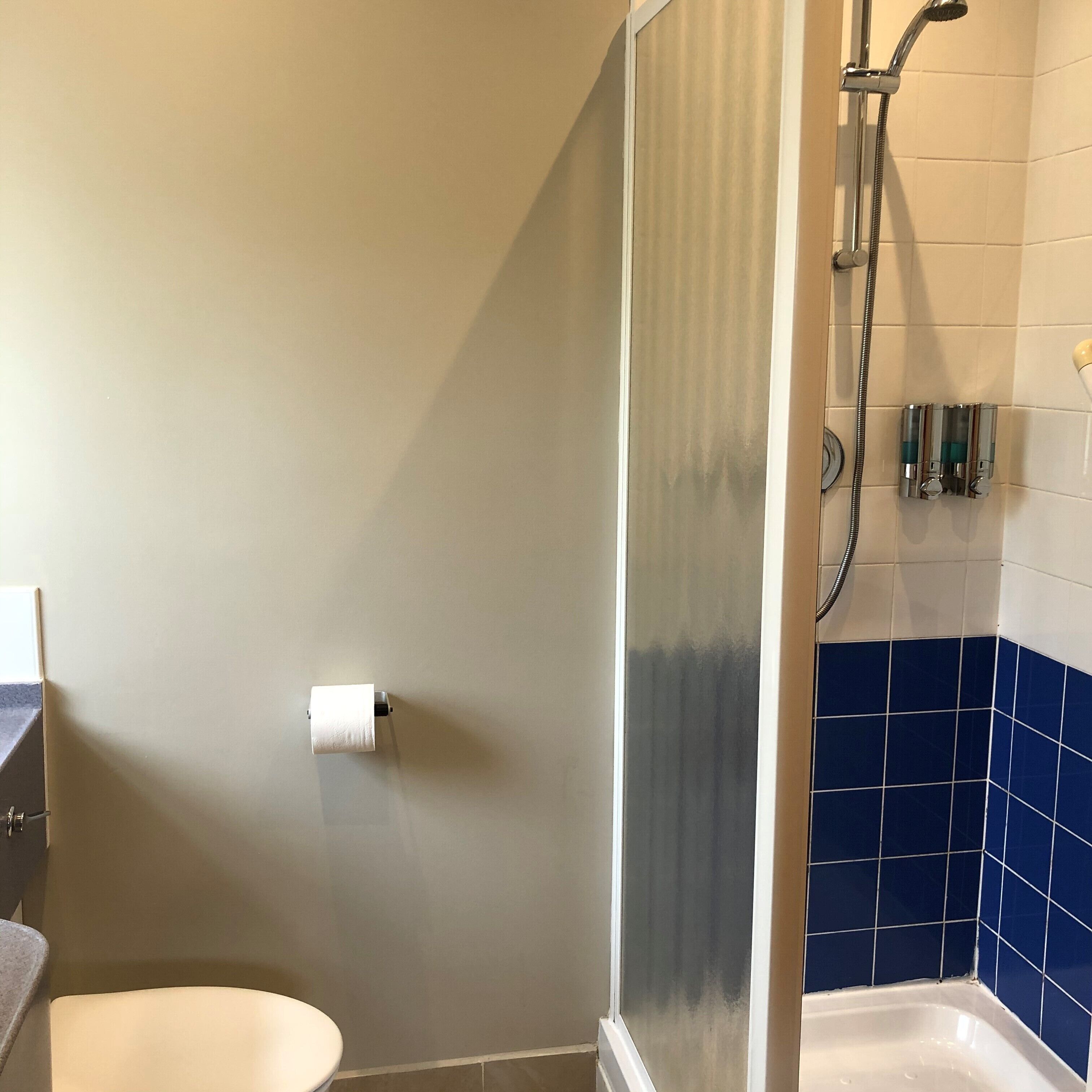 Un baño con inodoro, ducha con puerta de vidrio y pared de azulejos azules.
