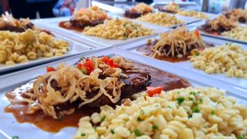 Breakfast and dinner served, local cuisine