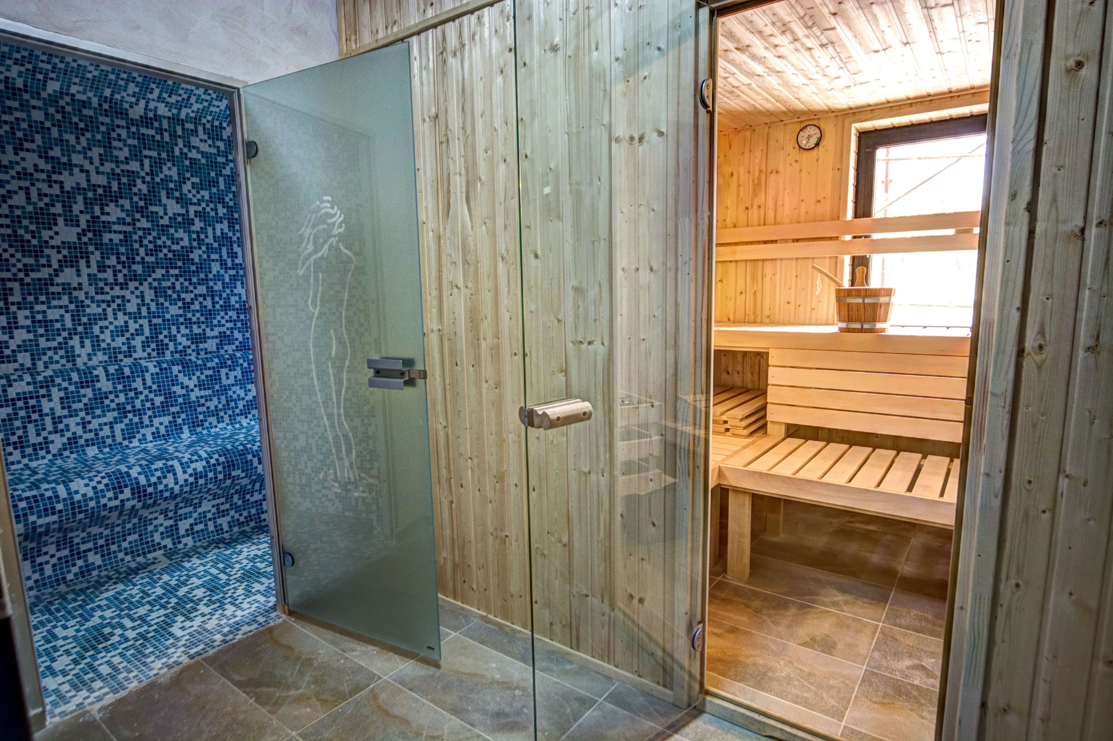 Een sauna, een stoombad, massage- en behandelingsruimtes