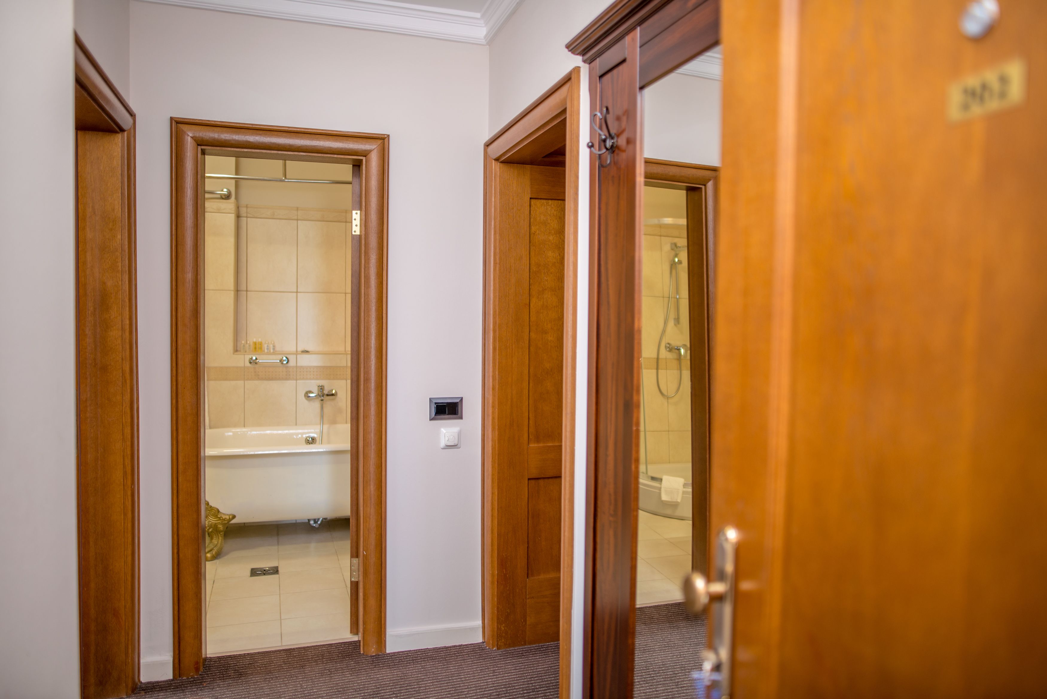 Habitación de hotel con puerta de madera, baño visible con bañera y zona de ducha.