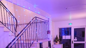 A staircase with blue string lights, a small Christmas tree, and a display of books on a shelf. - Le Toul' Broch (Baden)