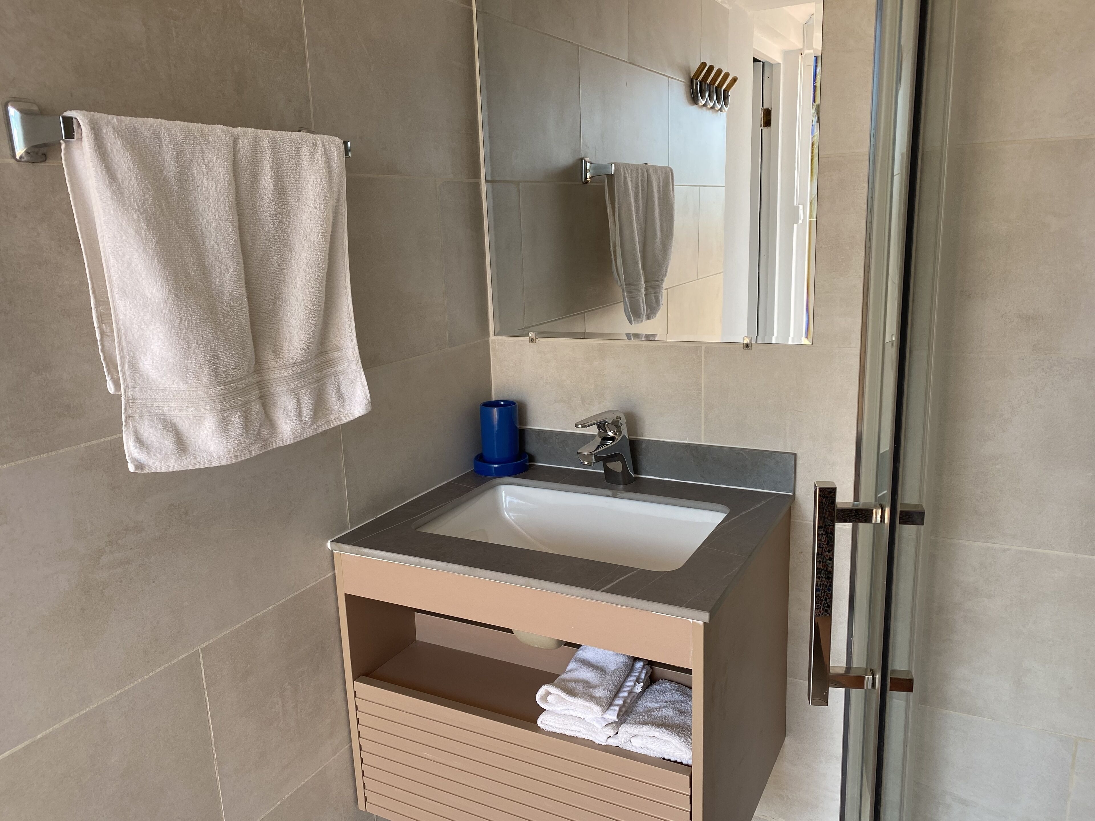 A bathroom with a sink, mirror, and towel rack.