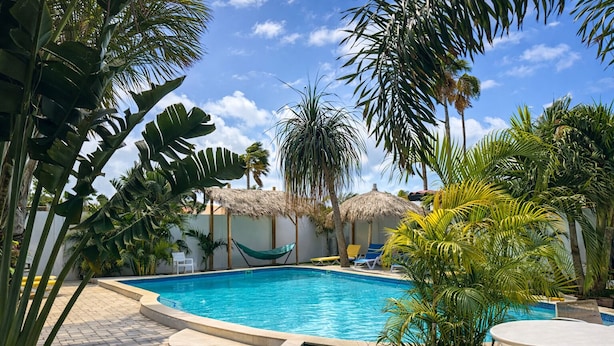 A swimming pool surrounded by palm trees and a thatched-roof structure. - Casalina Garden Apartment Aruba (Noord)