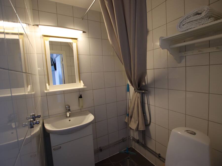 A bathroom with a sink, mirror, shower curtain, and toilet.