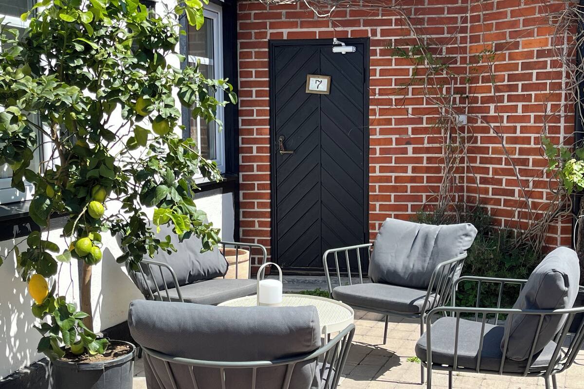 A patio with outdoor seating, a potted plant, and a brick wall with a door.
