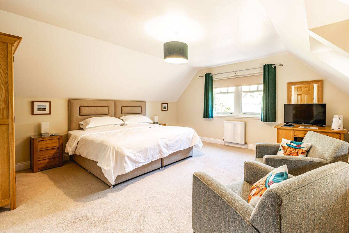 A bedroom with a bed, a nightstand, a TV, a sofa, and a window with curtains.