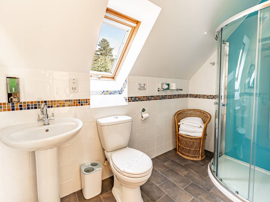 A modern bathroom with a skylight, a glass-enclosed shower, and a wicker chair.
